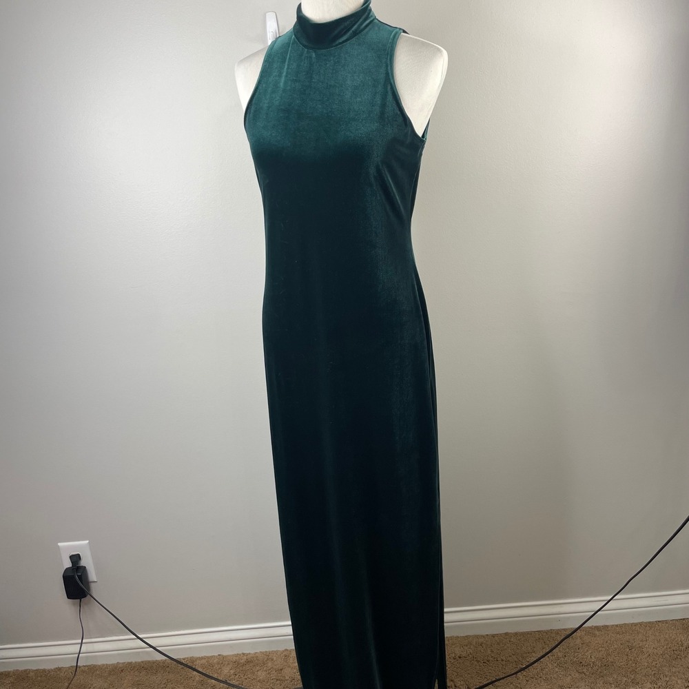 Danielle Casey Womens Emerald Green Velvet Mock Neck Maxi Dress Slit  Size 12